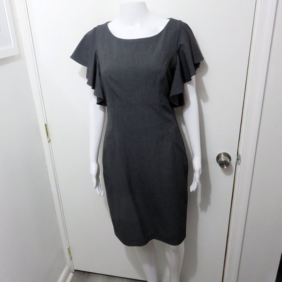 Calvin Klein Sheath Dress, Gray with Ruffled Sleeves, Sz 8 NWT - Picture 2 of 10